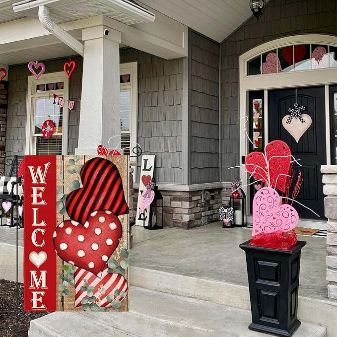 AVOIN colorlife Valentines Day Welcome Garden Flag 12x18 Inch Double Sided, Anniversary Love Heart Rustic Yard Outdoor Decoration
