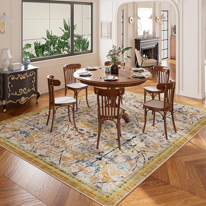 AMTOVO 6x9 Washable Area Rugs for Living Room, Non-Slip Large Soft Boho Floral Vintage Accent Print Carpet for Bedroom Dorm Nursery Room Dining Room Farmhouse Home Office, Golden Yellow