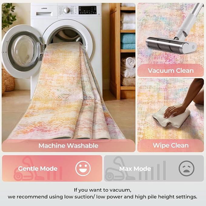 Kokia Abstract Area Rugs Washable Indoor 6x9 Rug Boho Distressed Retro Low Pile Non-Slip Non-Shedding Pink Orange Carpet Bedroom Living Room Dining Room, Oslo Sunrise