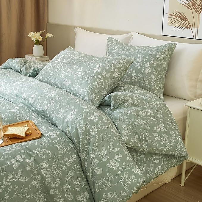 HighBuy Queen Comforter Set Sage Green Floral Boho Comforter Set Kawaii Toddler Bedding Set Queen Size Soft Bedding for Women Girls Comforters Queen Bed Set 3 Piece,1 Comforter and 2 Pillowcases