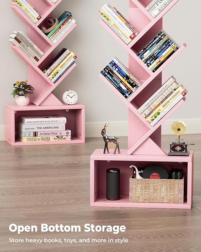 Evermagin 6 Tier Tree Bookshelf with Light, Narrow Bookcase Tower, Tall Floor Standing Book Shelf Organizer with Storage Cabinet for Living Room, Bedroom and Home Office, Pink