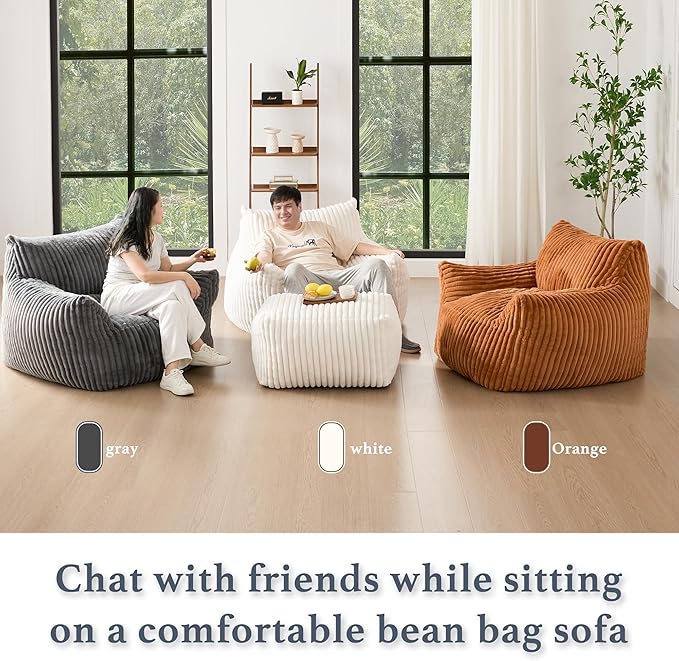 Oversized Bean Bag Chaise Lounge Chair Indoor for Adults with Armrests & Ottoman - Giant Comfy Beige Beanbag Lazy Floor Sofa Cloud Accent Chair for Reading, Gaming, Cozy Fluffy Cloud Mini Couch