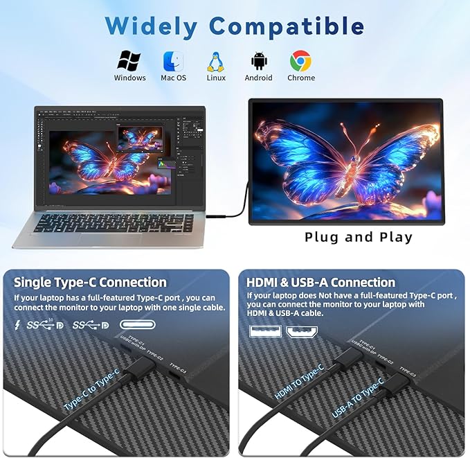BKVOO Portable Monitor Laptop Screen Extender - 16" 1200P FHD Travel External Display USB-C HDMI Port Detachable Kickstand Gaming Monitor Compatible with Wins Mac Chrome Dex Phone