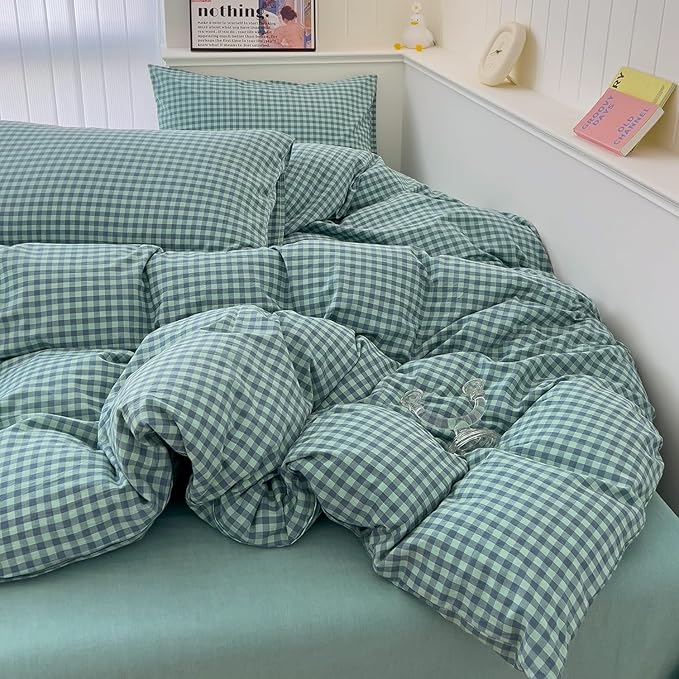 LifeTB Queen Comforter Set Green Gingham Bedding Comforter Modern Style Checkered Pattern Comforter Set Green Blue Grid Plaid Bedding Comforter Lightweight Fluffy Soft Gingham Grid Bedding Set