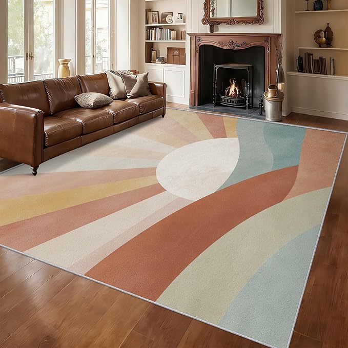 5x6 Boho Sun Rugs for Bedroom Decor, Washable Retro Sunrise Pattern Area Rug, Living Room Home Decoration, Non Slip Soft Thin, Mid Century Modern Decor Carpet PF-P 117