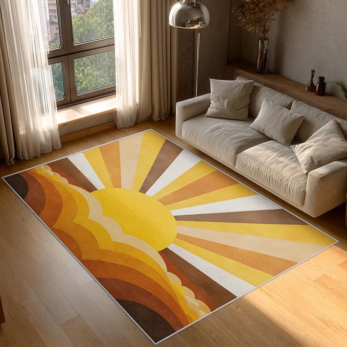 Boho Sun Rugs for Home Decor, 5x6 ft, Abstract Sunburst Retro Area Rugs for Living Room, Soft Non Slip Washable Mid Century Modern Carpet Bedroom Decorations Dt-Ghf-69