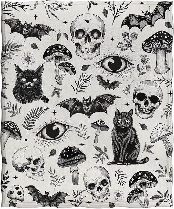 Jekeno Gothic Skull Blanket Cat Bat Mushroom Gifts for Women Men Girls Boys Mom Wife Husband Dad Halloween Birthday Christmas Easter Presents Home Bedroom Living Room Bed Sofa Decor Throw 60"x80"