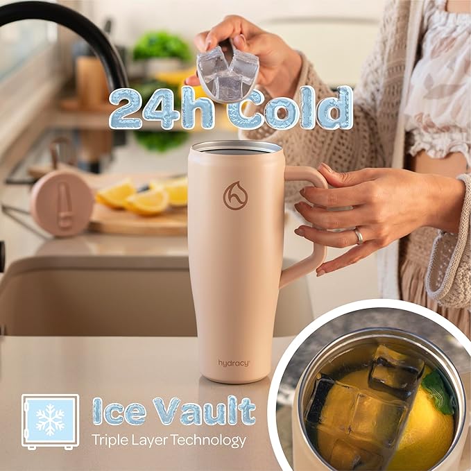 Hydracy Soulmate 40 oz Tumbler with Handle and Flip Straw - 100% Leakproof Reusable Insulated Cup with Stainless Steel Straw - Cupholder Friendly Rubber Base Travel Mug - Cafe Creme