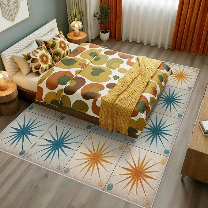 Starburst Rug 4x6 Mid Century Atomic Checkboard Distressed Pattern Area Rugs for Living Room, Bedroom, Starburst Home Decor Accessories Indoor Carpet, Non Slip & Machine Washable