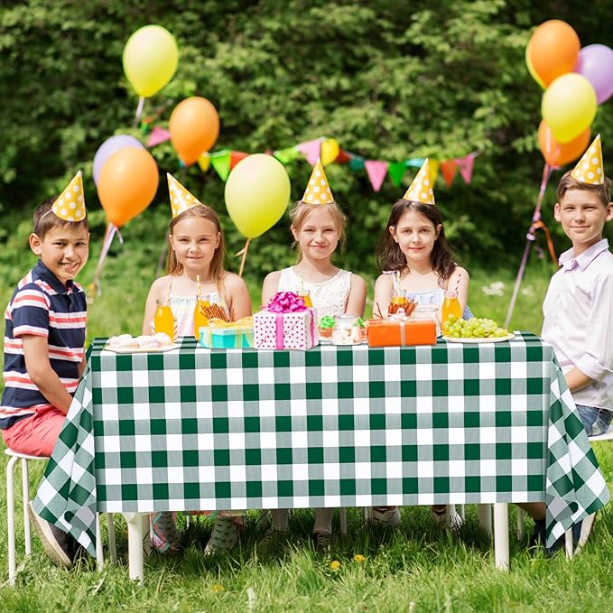WNINK 4 Pack Green and White Checkered Rectangular Plastic Tablecloths, Green Gingham Waterproof Disposable Table Covers 54" x 108" for Birthday, Wedding, Outdoor Picnic Camping Parties