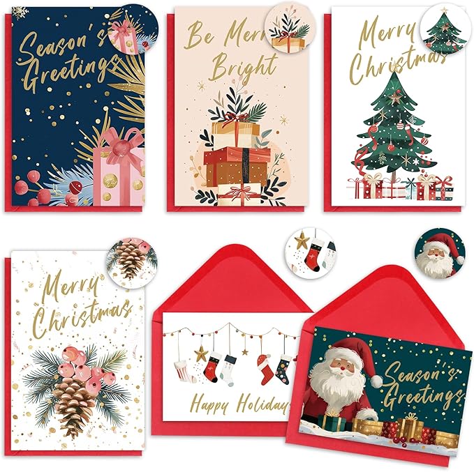 FUHITIM Christmas Cards Assortment, 24 Pcs Greeting and New Years Cards with 6 Designs for Christmas, Holiday, New Year Gift (4x6 Inch)