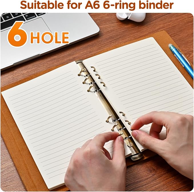 A6 6-Hole Lined Loose-Leaf Filler Paper – 2 Packs (80 Sheets per Pack), 100GSM,Beige Notebook Refill – Fits A6 6-Ring Binders for Office,Journaling,Planning,Notes. Double-sided writing supported