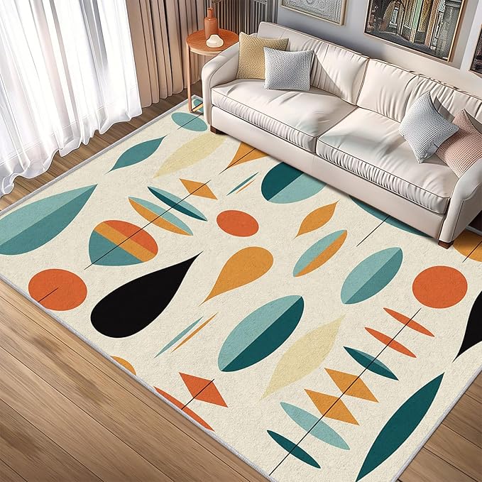Mid Century Modern Rug 3x5, Washable Geometric Rugs for Living Room Bedroom, Retro Area Rug for Home Decor, Non Slip Backing Floor Carpet with Gripper - 3 x 5 ft