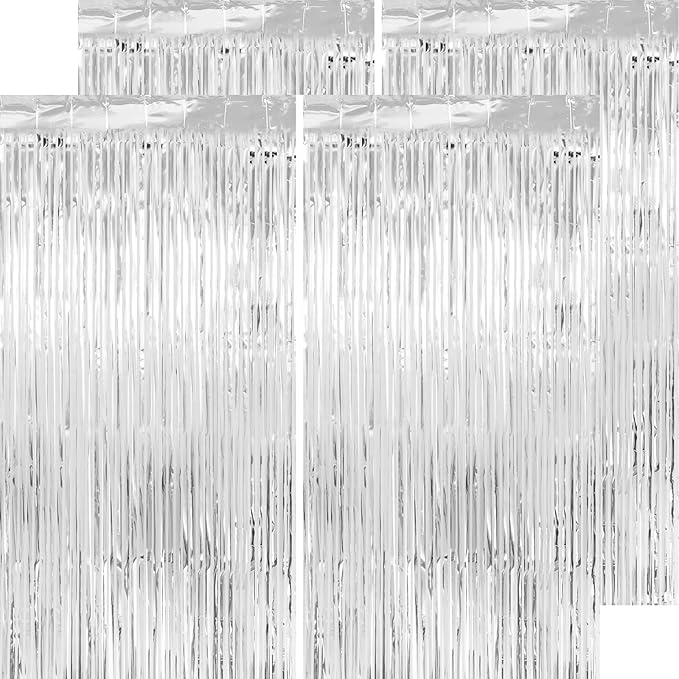 Christmas Decorations Thicken Silver Streamers, 4 Pack 3.2 x 8.2 FT Silver Tinsel Backdrop Curtains, Foil Fringe Photo Backdrop for Birthday, Bachelorette, Prom, Engagement, Disco Party Decorations