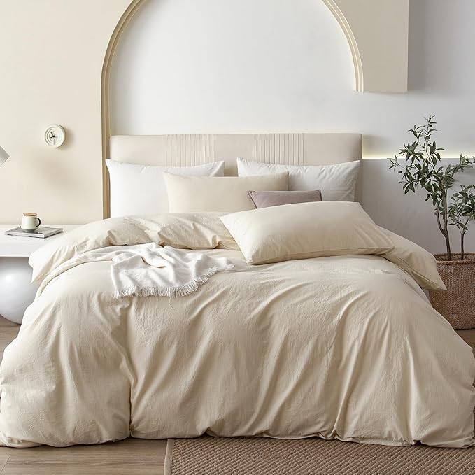 JIYUAN 100% Washed Cotton Duvet Cover Set 3 Pieces Oversized Queen, 1 Duvet Cover 98x98 Inches(Comforter Not Included) and 2 Pillowcases,Linen Feel Bedding Set Comfy and Breathable,Heathered Beige