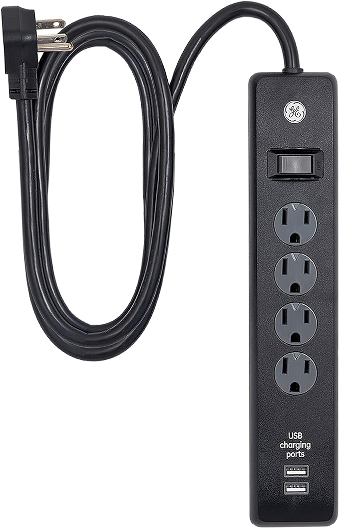 GE 4-Outlet Surge Protector, 2 USB Ports, 6 Ft Power Cord, 450 Joules, Flat Plug, Twist to Lock Safety Covers, Automatic Shutdown Technology, Circuit Breaker, Warranty, UL Listed, Black, 37465