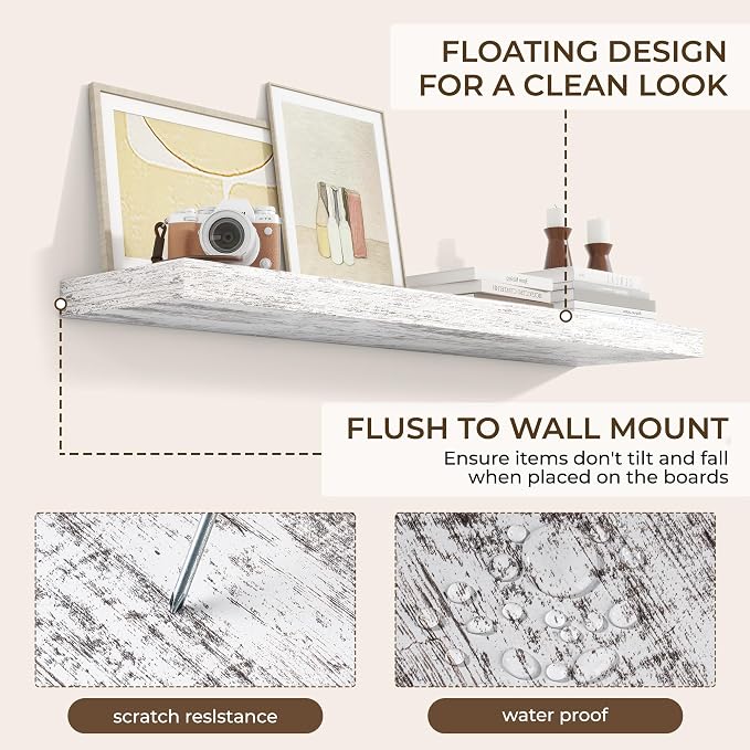 RICHFOCUS 48Inch Floating Shelves for Wall 2 Pack Shelves for Bedroom|Kitchen|Bathroom Wall Mounted Rustic Distressed Wood Floating Shelf with Invisible Brackets for Books|Storage|Decor, Rustic