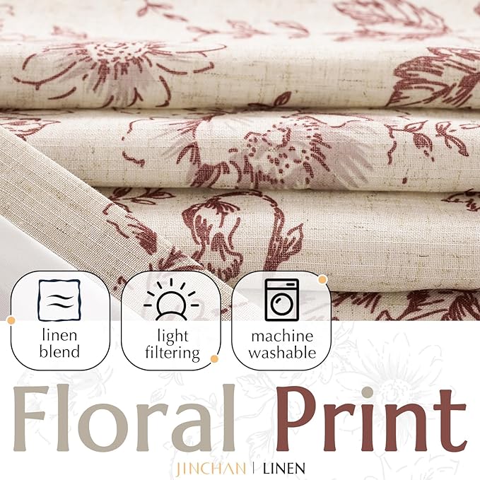 jinchan Lined Linen Blend Curtain Floral Curtains for Living Room 63 Inch Length Christmas Red Peony Flower Printed Curtain Rod Pocket Back Tab Farmhouse Patterned Drapes Curtains Set 2 Panels