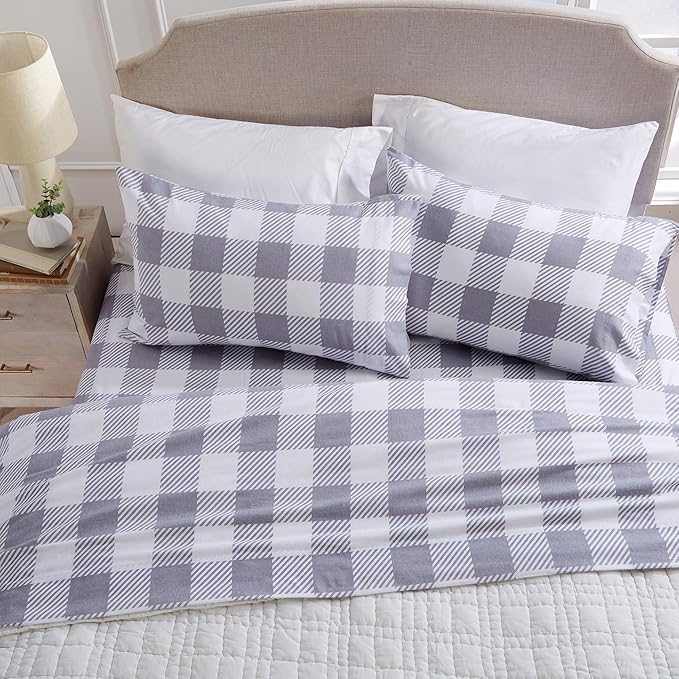 Market & Place 100% Turkish Cotton Flannel Sheet Set | 3 Piece Deep Pocket Novelty Cozy Winter Bed Sheets | Double Brushed for Extra Softness & Comfort | Alpine Collection (Twin, Buffalo Check Grey)