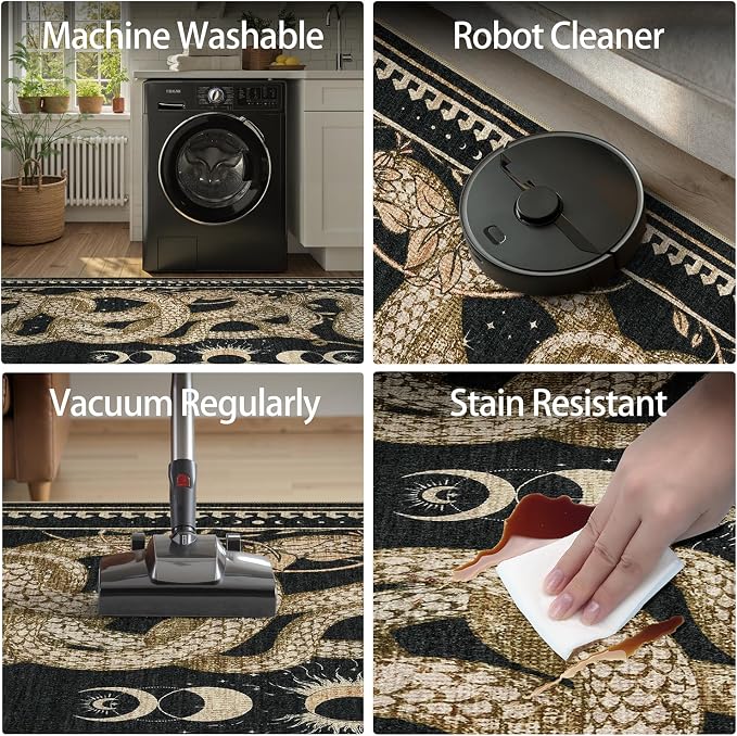 DCX Washable 5x7 Snake Rug, Black Gothic Rug for Living Room, Soft Low Pile Carpet, Kid & Pet Friendly with Rubber Back Non Slip, Stain Resistant Rug for Bedroom Dining Room Office
