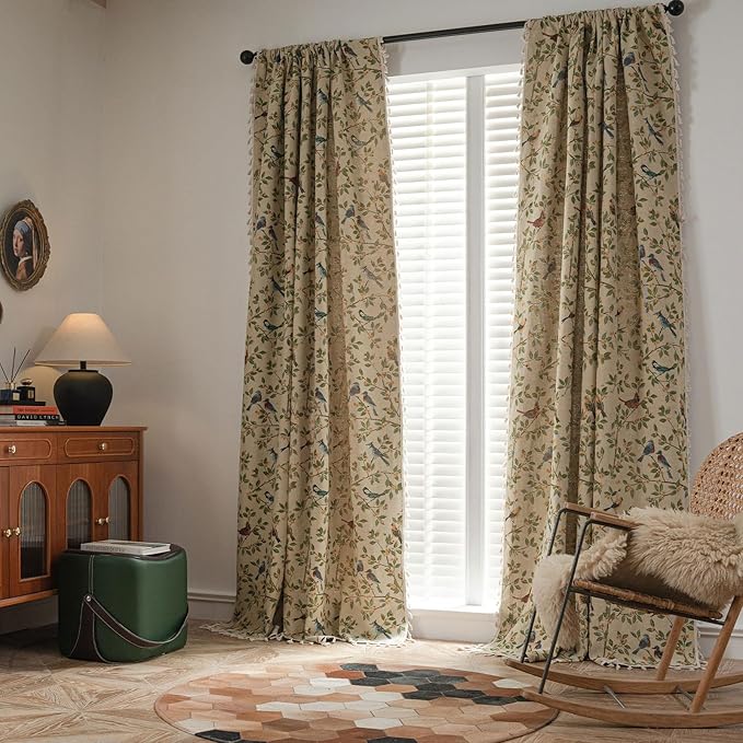 ENJOYBRIDAL Floral 63 Inch Curtains for Bedroom Jacquard Drapes Bird Patterned Semi Sheer Boho Short Window Curtains Living Room 2 Panels Farmhouse Rod Pocket Light Filtering Decor Window Treatments
