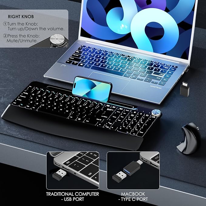 Sksyloo Full-Size Ergonomic Keyboard and Mouse, 2.4GHz Wireless Keyboard and vertical Mouse with Tablet Phone Holder, Wrist Rest for Computer Mac PC Laptop Chromebook, Black