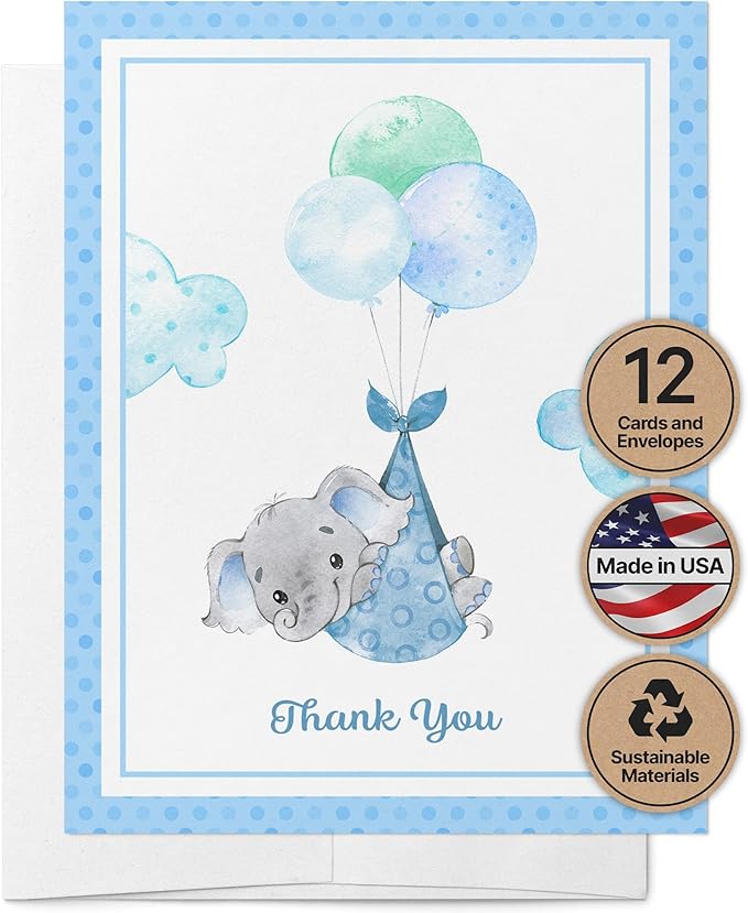 Twigs Baby Shower Thank You Cards with Envelopes - 12 Set Baby Shower Cards for Boy, New Baby Congratulations Cards, Welcome Baby Card, Made in the USA - Blue Elephant Designs, 5.5 x 4.25 Inch Size