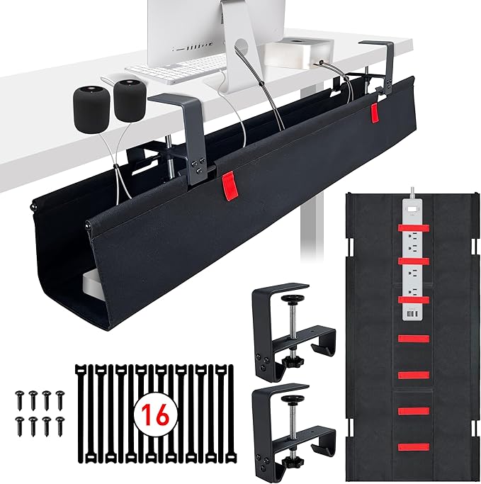 [Upgraded] Under Desk Cable Management, 28" Cord Organizer, with Silicone Pads (No Scratch!), 16 Cable Ties, Washable PE Honeycomb Base,Fits Any Desk 0-2.1", No Stinky Cardboard!Black