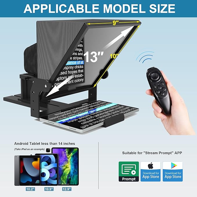 13-inch high-Definition Wide-Angle teleprompter｜High-Definition Beam Splitter Design｜Manual Height Adjustment, Compatible with a Wide Range of Devices｜with Remote Control and teleprompter apps