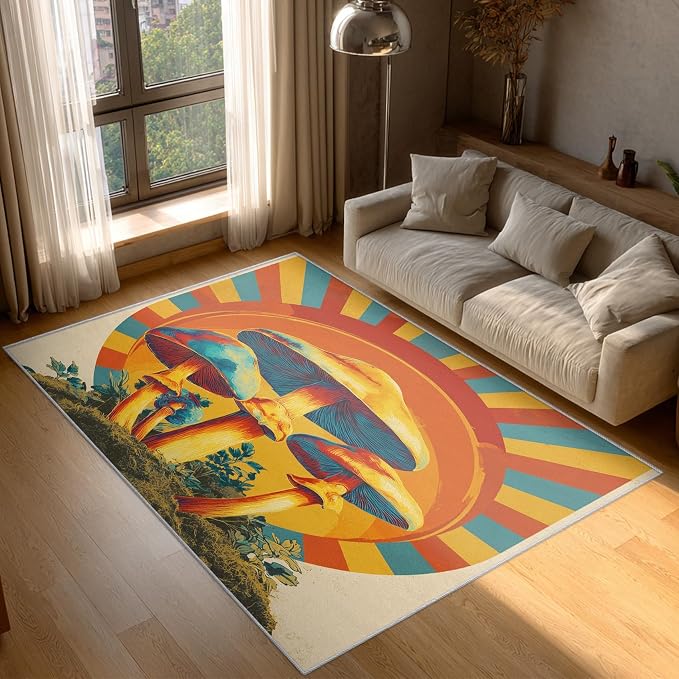 Mushroom Rugs for Home Decor, 4x5 ft, Mid Century Boho Sun Area Rugs for Living Room, Soft Non Slip Washable Retro Trippy Mushroom Carpet Bedroom Decorations Dt-Ghf-69