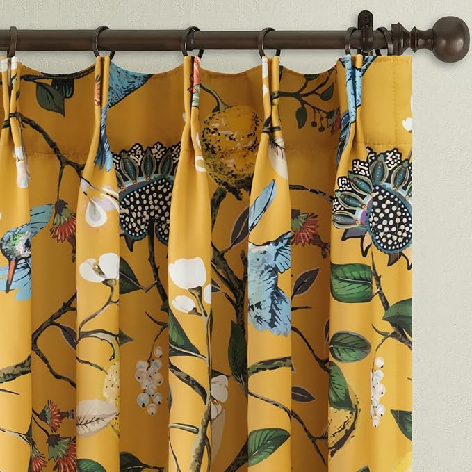Mustard Yellow Printed Pattern Curtains 96 Inches Long for Living Room Bedroom Pinch Pleated Blackout Vintage Art Deco Anthropologie Vintage Floral Lemon Hummingbird Drape 96 Inch Length 2 Panels
