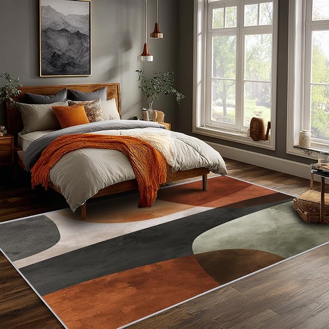 Mid Century Modern Rugs 5x7, Abstract Retro Art Washable 5 x 7 Area Rug for Living Room, Bedroom, Low Pile Non Slip Stain Resistant Carpet, Mid Century Home Decor Accessories & M931