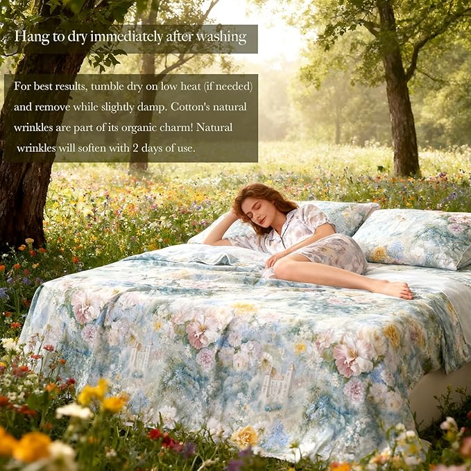 Zusbest King Size Sheets Luxury Floral Bed Sheet Set 100% Cotton, Satin Weave Soft Breathable for Hot Sleepers Romantic Peony Flowery Printed Cottagecore Bedding Deep Pocket 17.5‘’ Bed Set 4Pcs
