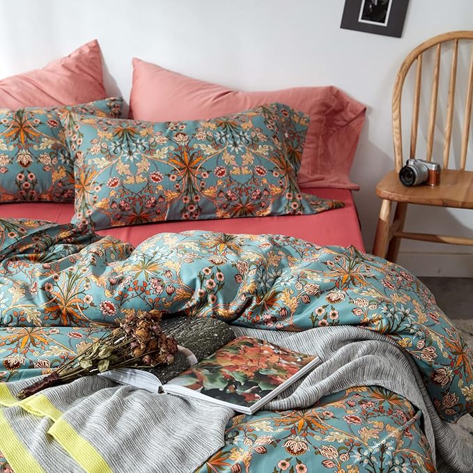mixinni 3 Pieces Flower Duvet Cover Set 100% Natural Cotton Full Size Bedding Cover with Zipper&Ties, 1 Duvet Cover and 2 Pillowcases, Easy Care, Soft and Durable-Full Size