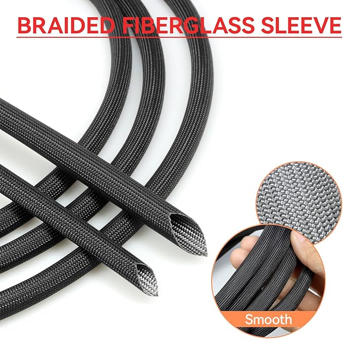 Braided Fiberglass Sleeve, 10ft High Temp Cable Sleeve, Flexible Cable Management Cable Protector for Car Wire Loom Protection (Black, 3/4")