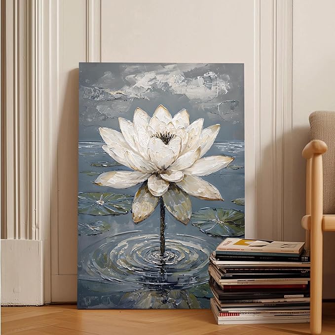 Stunning white lotus emerges from prismatic water with delicate petals background Serene aquatic wall art suitable for modern minimalist decor 8x12in Frameless