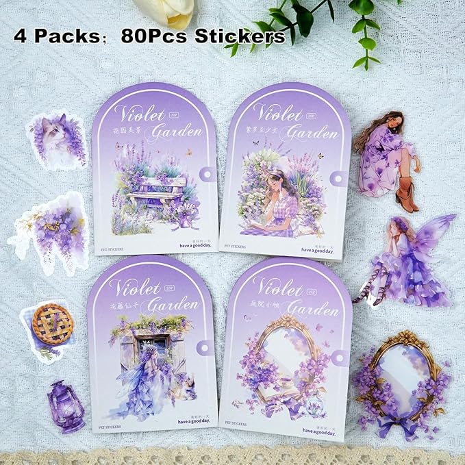 AuriicLeaf Violet Garden PET Sticker Set, 80PCS Fairy-Themed Scrapbook Supplies Journal Stickers in Purple for DIY Crafts, Planners, and Collages