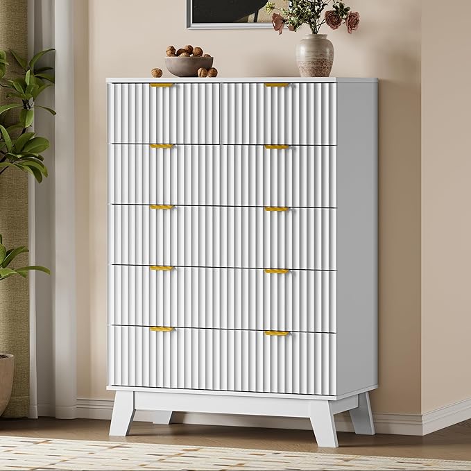 BORNOON 46" Tall Dresser for Bedroom, 6-Drawer Fluted Chest of Drawers, Modern Wood Highboy with Deep Storage, Metal Slides and Handles, Anti-Tip Kit, Vertical Clothes Organizer for Apartment, Nursery