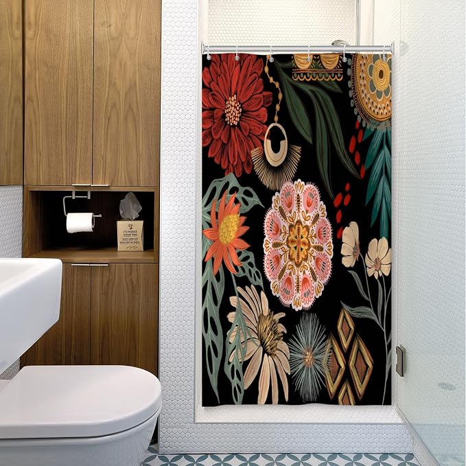 Black Boho Floral Shower Curtain Abstract Botanical Mid Century Modern Bathroom Decor Tropical Flower Shower Curtain with 10 Hooks,54x72 inches