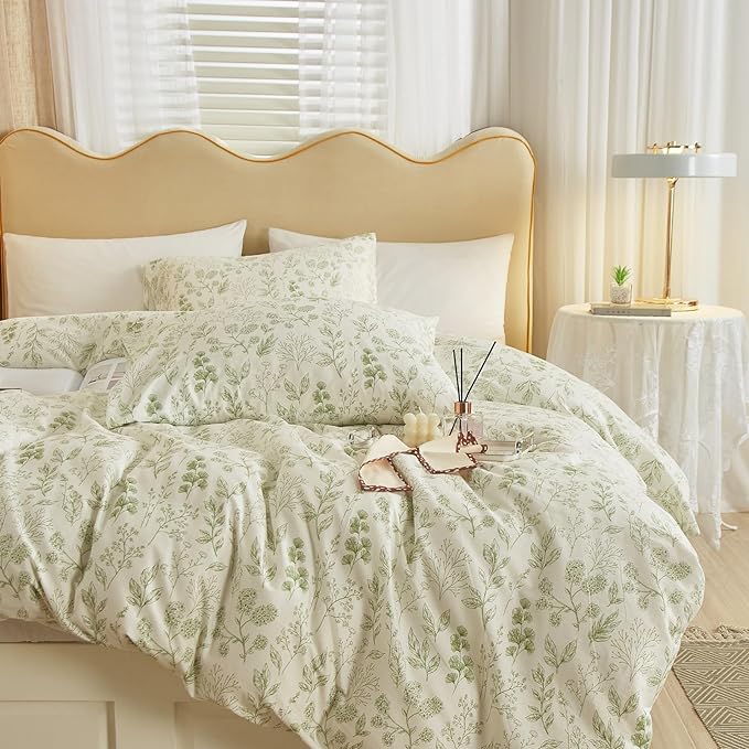 Garden Style Green Floral Comforter Set King Fluffy Soft Microfiber Boho Floral Bedding Comforter King Vintage Flower Leaves Botanical Comforter for All Seasons Cottagecore Bedding Comforter Set