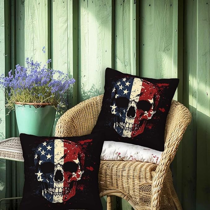 Patriotic Skull Throw Pillow Covers 18x18 Set of 2 | Decorative Cushion Cases for Couch, Sofa and Bedroom | Rustic Americana Home Decor for Living Room, Man Cave