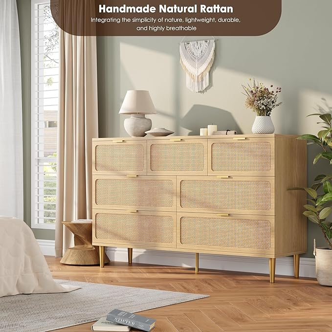 Garvee Rattan Dresser with 7 Drawers, Tall Modern Closet with Deep Storage, Large Chest of Drawers with Wide Top, Long Wooden Dresser for Bedroom, Living Room, Hallway, Kids Room, Natural