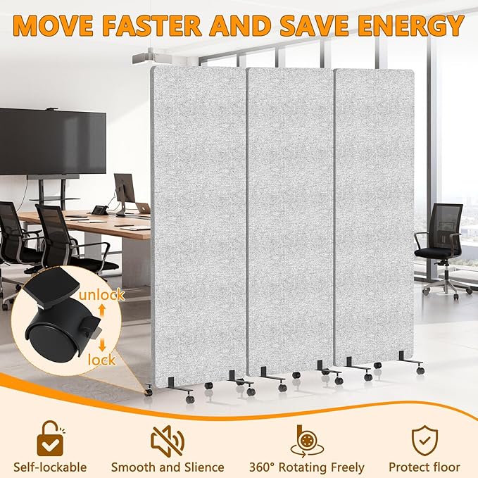 Soundproof Room Divider Panel with Wheels, 66in Portable Office Partition Screen, 3 Panel Temporary Wall Divider for Sound Proof Separation, Cubicle Privacy Panels for Desk (Light Grey)