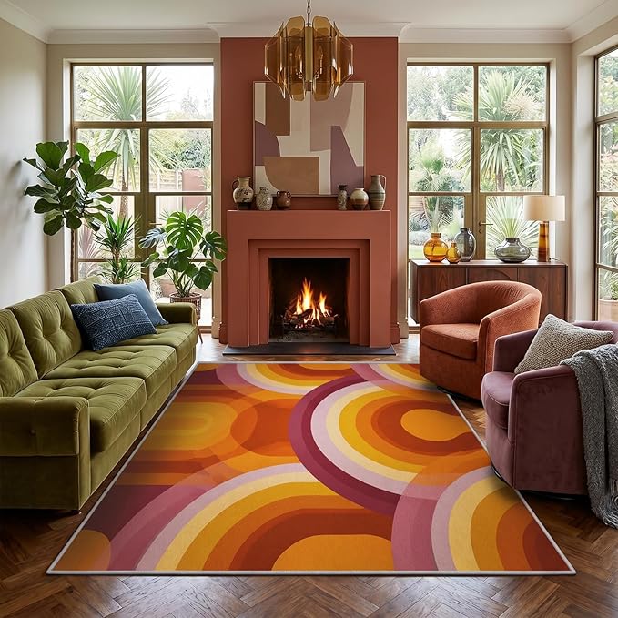 Retro Halo Area Rug 7x10, Mid Century Rainbow Arch Rug, Retro Abstract Carpet for Living Room Bedroom, Soft Non Slip Washable Rug