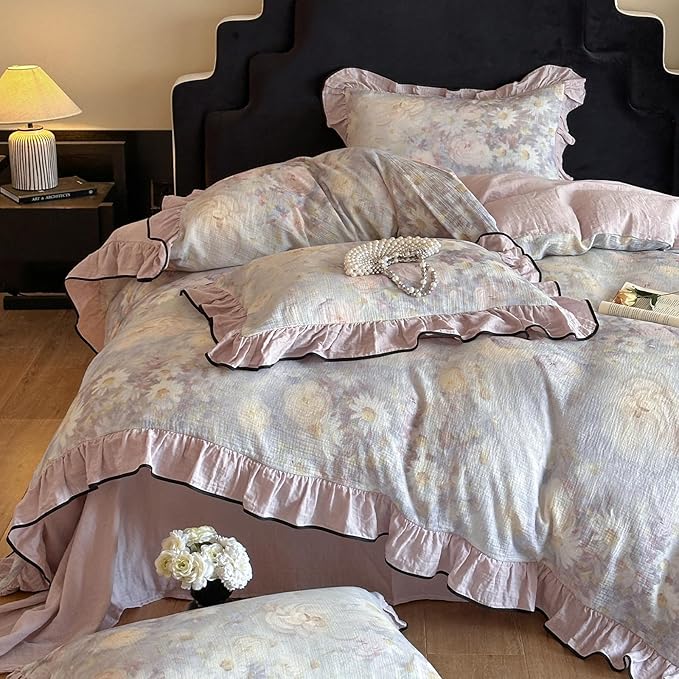 HighBuy Linen Duvet Cover Full Size,Farmhouse Purple Floral Bedding Comforter Cover with 2 Ruffle Lace Pillowcases,Chic Cottagecore Natural French Yarn-Dyed Cotton with Zipper Closure,Full