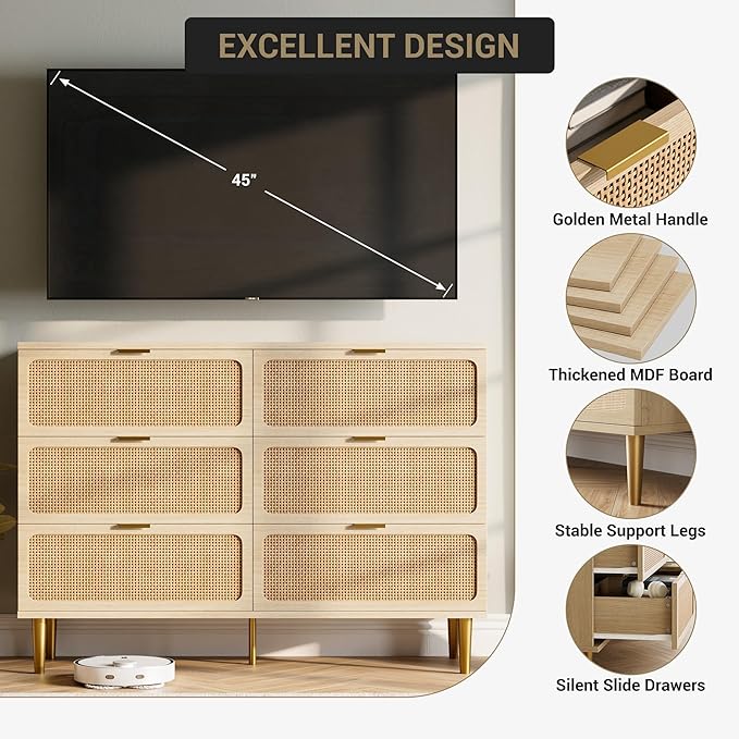Garvee Rattan Dresser with 6 Drawers, Tall Modern Closet with Deep Storage, Large Chest of Drawers with Wide Top, Long Wooden Dresser for Bedroom, Living Room, Hallway, Kids Room, Natural
