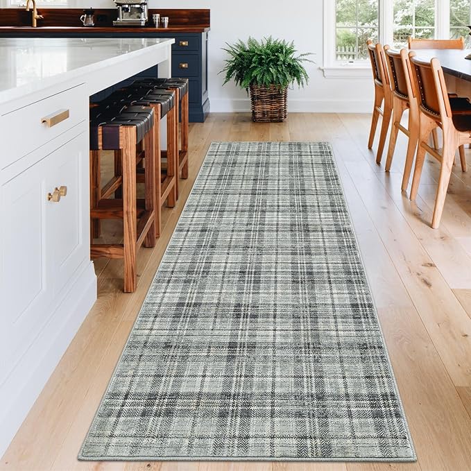Washable Runner Rug 2x8 Modern Entryway Rug Tartan Plaid Non Slip Kitchen Rugs Hallway Runners Soft Carpet for Bedroom Bath Mat Stain Resistant 2'x8' Greenish Grey