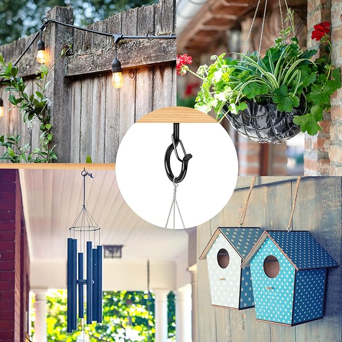 50 Pack Screw-in Hooks for Outdoor String Lights, Q Hangers Light Outside, Swivel Hanging Basket Patio with Safe Buckle Screw in Planter Eye Hook Wall Ceiling, Black