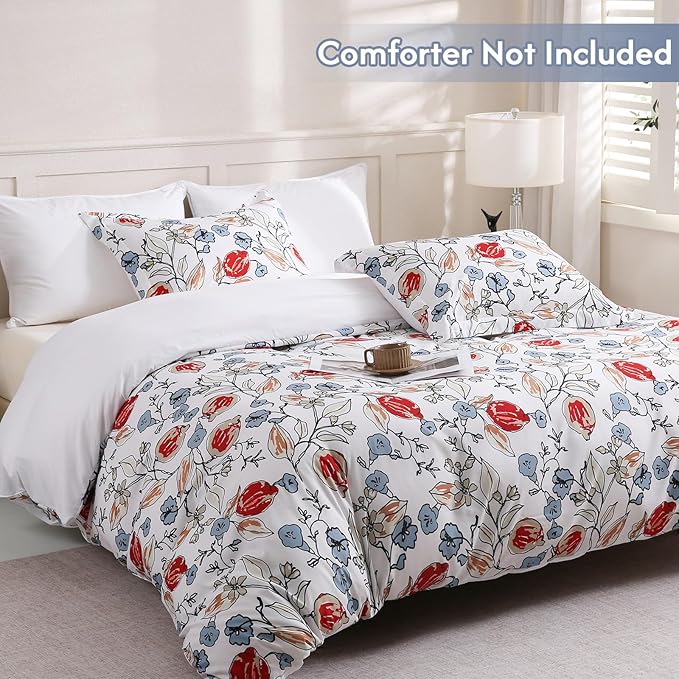 LONAVA Queen Flower 3 Pcs Duvet Cover Set, Breathable Soft Microfiber White Lining Comforter Cover with Zipper Closure, and 2 Anti-Pilling, Fade Resistant Pillowcases, Red Bud