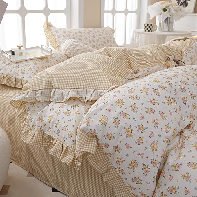 Girls Ruffle Duvet Cover Queen Chic Floral Princess Lace Comforter Cover Soft Breathable 100% Cotton Flower Bedding Set Vintage Botanical Duvet Cover Romantic Ruffle Comforter Cover with 2 Pillowcases